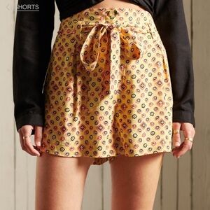 Superdry Printed Paperbag Shorts yellow tile tie belt waist pockets